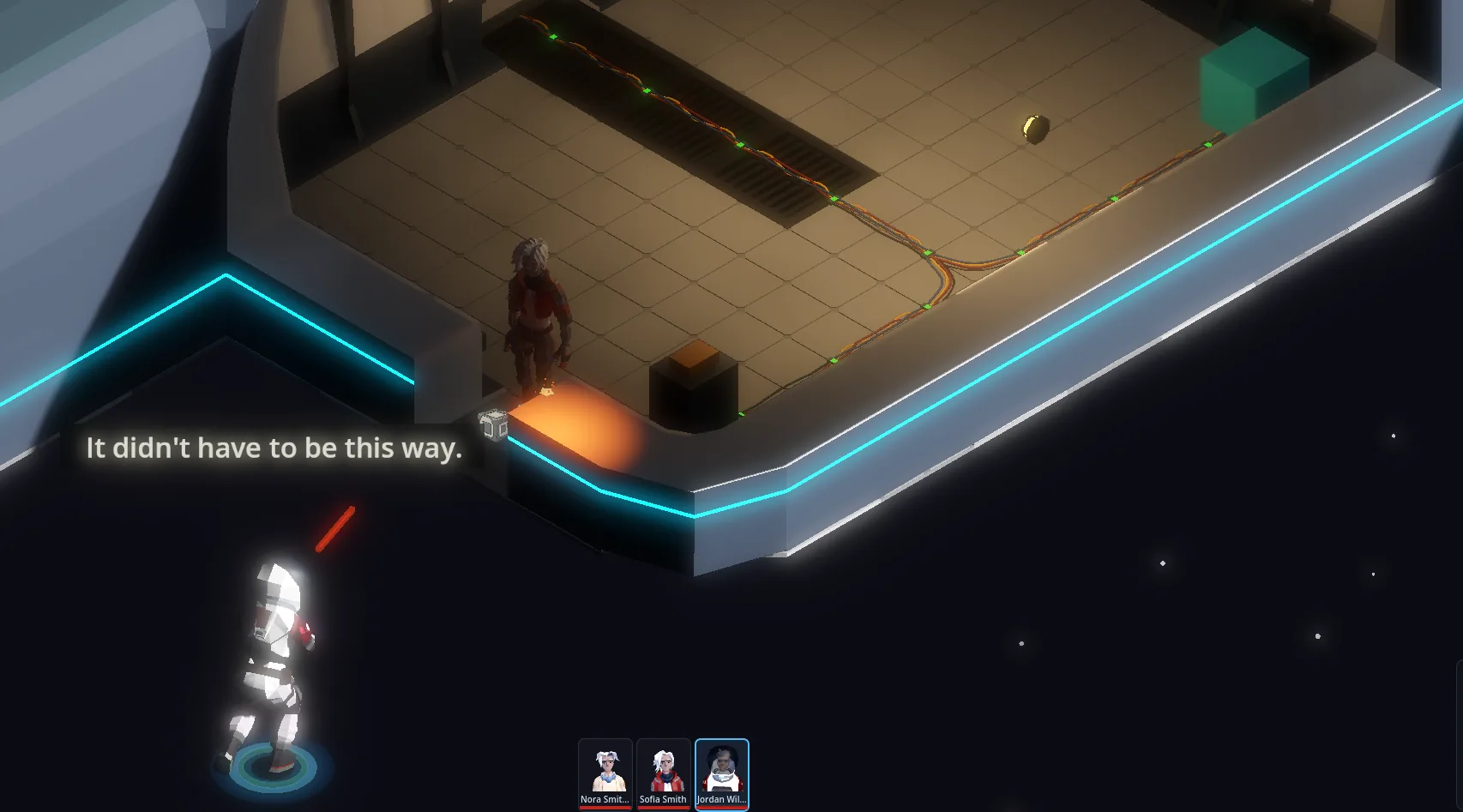 A crew member in a spacesuit outside a hostile outpost. A line of dialogue reads: It didn’t have to be this way.