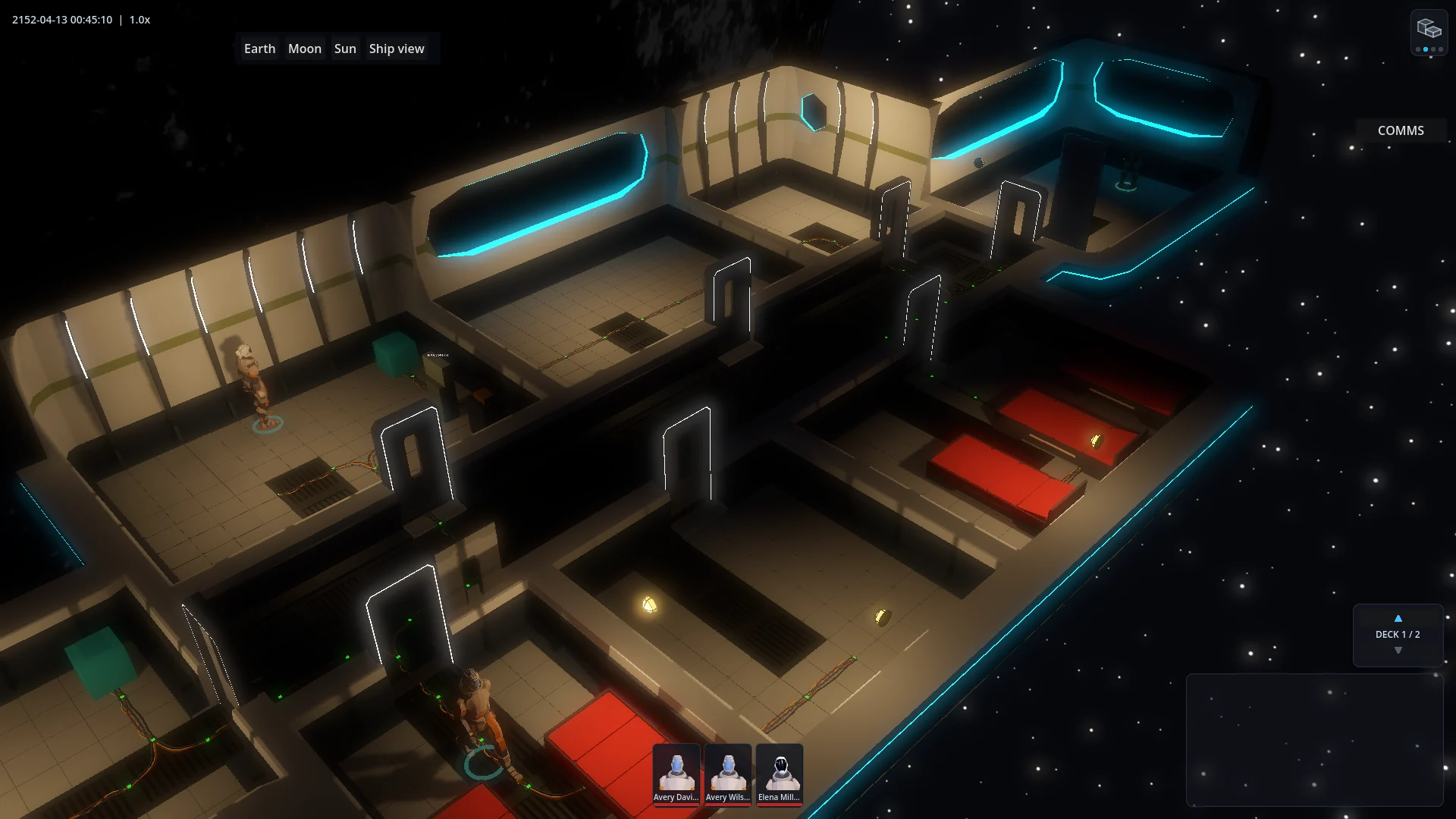 An isometric view of the station in orbit: sleeping quarters, corridors and cyan-lit outer walls against deep space
